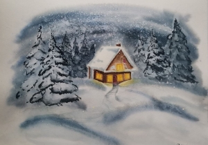 зимний пейзаж с домиком акварелью