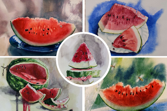 рисуем арбузы акварелью, пошаговый курс рисования реалистичных арбузов
