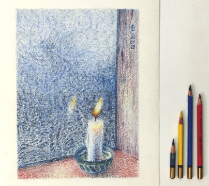 морозное окно, горящая свеча цветными карандашами