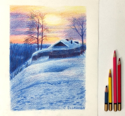 снег, закат цветными карандашами