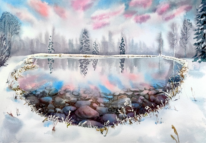 рисунок акварелью озера с камнями