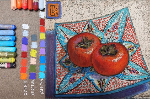 фрукты на тарелке с орнаментом масляная пастель gallery