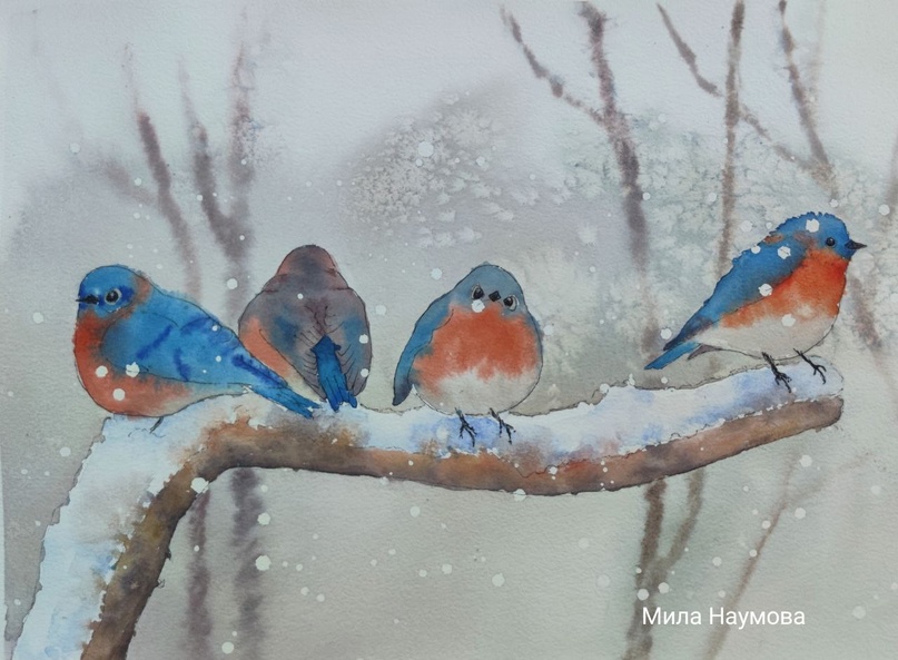 акварельный рисунок зимнего пейзажа с птицами на ветке