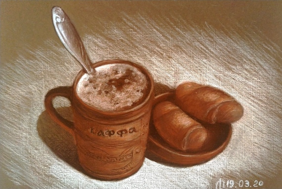 кофе булочка рисунок коричневым и белым карандашом