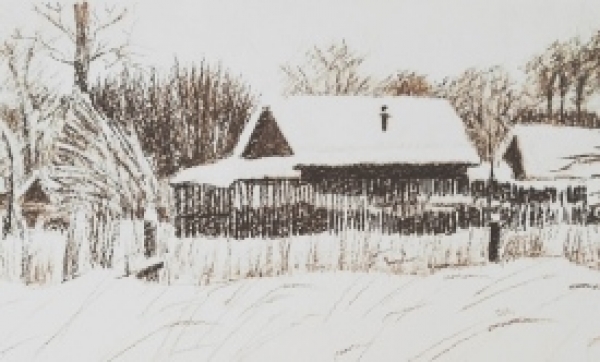 зимний пейзаж карандашом сепия