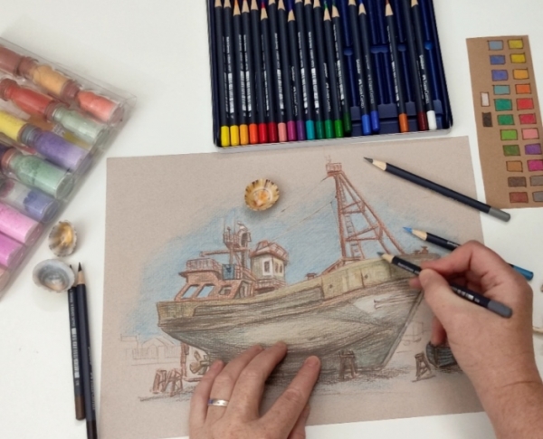цветные карандаши рисунок кораблик