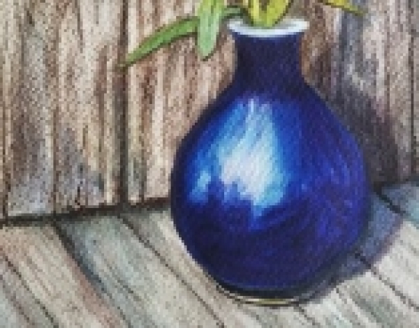синяя ваза рисунок соусом и акварелью