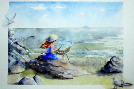 девушка на берегу моря рисунок акварель